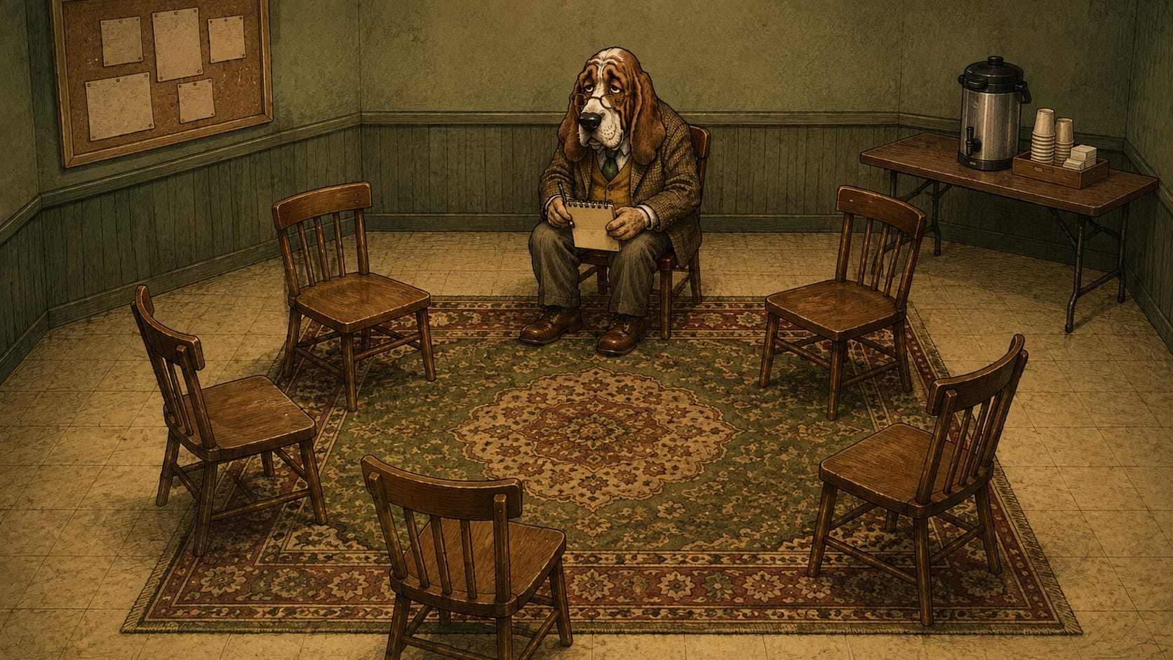 A community room with five wooden chairs in a circle on a rug; Dr. Shrink sits at the top with his notepad, a coffee urn on a folding table.
